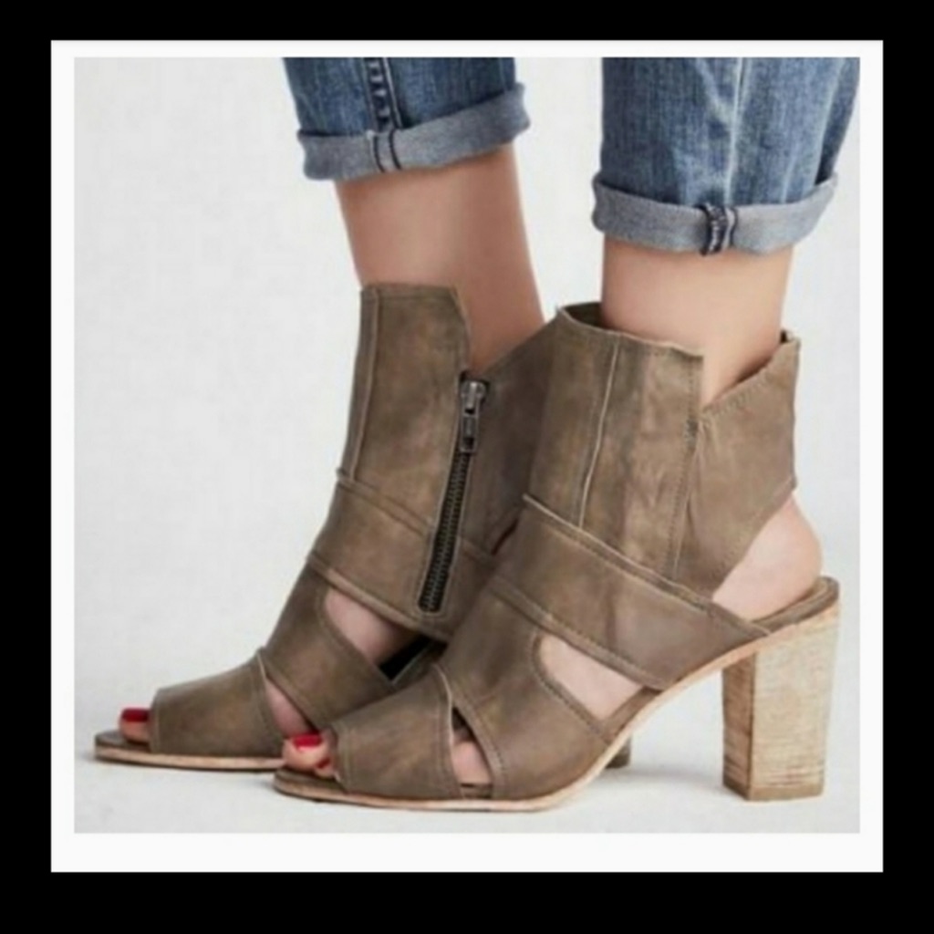 Free People Effie Block Heel Boots Shoes Peep Toe Open Heel Size 11 Or 41 Grey